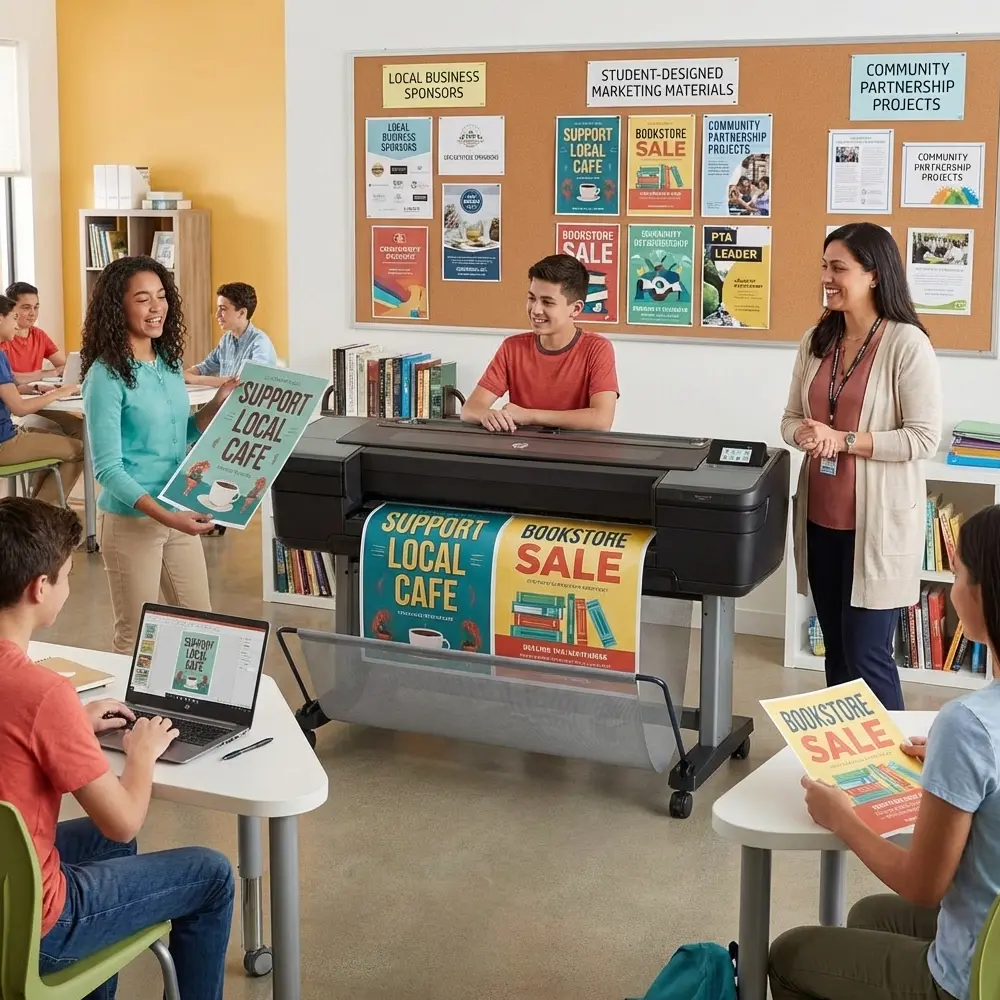 School Poster Maker Program Helping Students Create Community Marketing Materials Students using a school poster maker to design and print community partnership posters with a teacher in a bright classroom