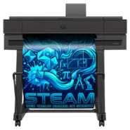 Studio 24 poster maker printing a vibrant STEAM education poster with science, technology, engineering, arts, and math graphics