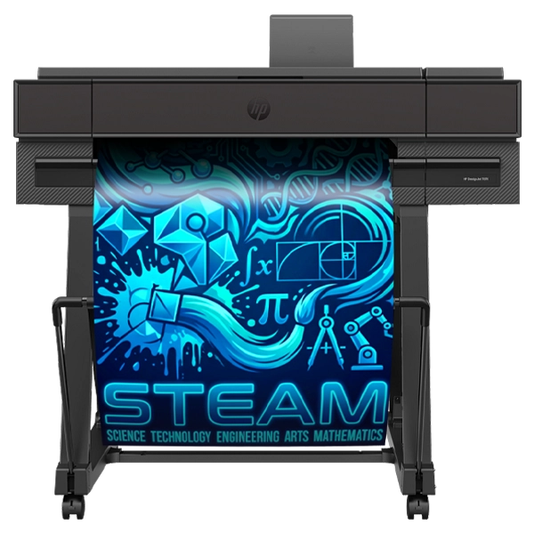 Studio 24 School Poster Maker Studio 24 poster maker printing a vibrant STEAM education poster with science, technology, engineering, arts, and math graphics