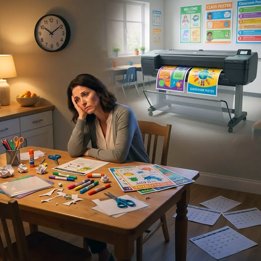 Teacher Overwhelmed by Manual Prep Work Wishing for a Poster Maker Machine Tired teacher sitting at a kitchen table late at night creating classroom materials by hand while imagining a color poster maker machine in her school producing vibrant posters effortlessly