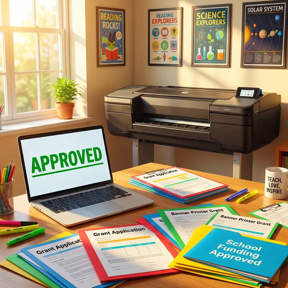 Approved banner printing machine grant application paperwork on a desk beside a wide format printer in a bright office
