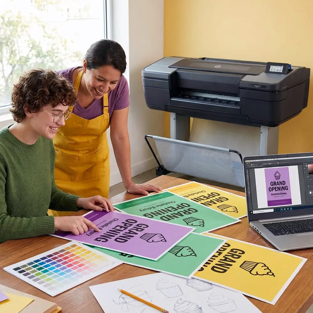 Community Partnerships Using Poster Machine Makers for School Events Design a bright, engaging photo-scene using 'Suse' font for any text elements, a student and a local bakery owner reviewing poster designs together at a table. The table should have color