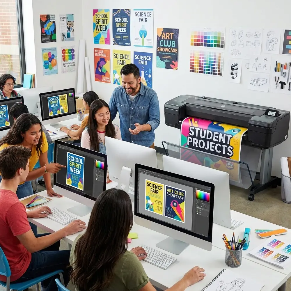 High school students designing posters on computers in a school print center using an in-house school poster maker while a teacher provides guidance