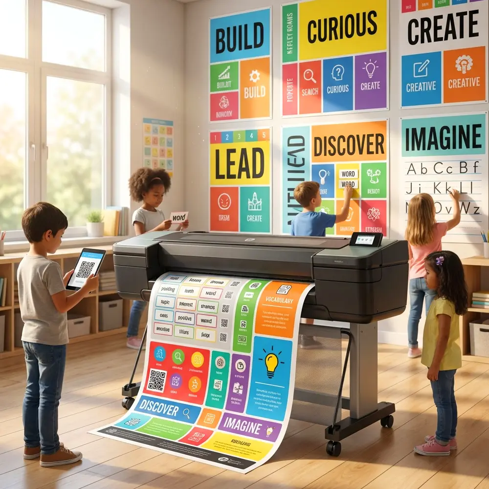 Students in a Title I classroom using a wide-format poster printer to create colorful vocabulary posters for word gap and literacy development