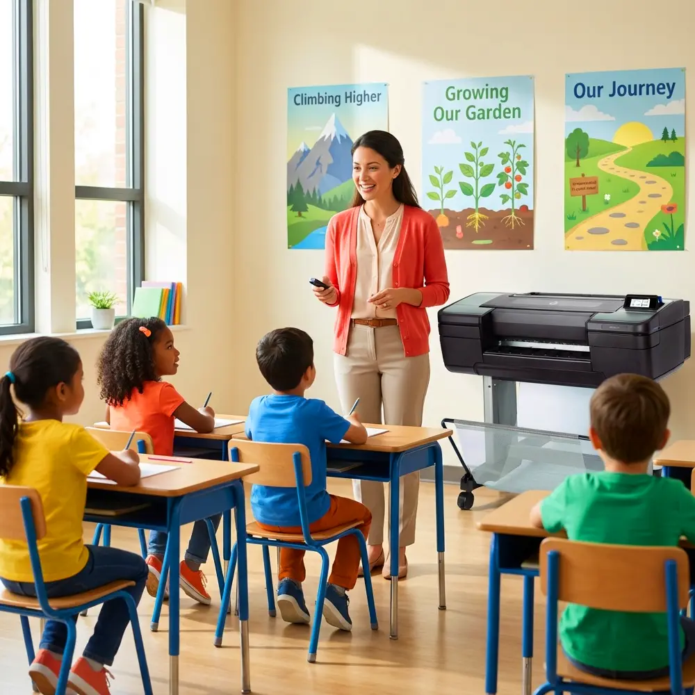 Elementary teacher using a school poster maker to display growth mindset posters while teaching students in a modern classroom