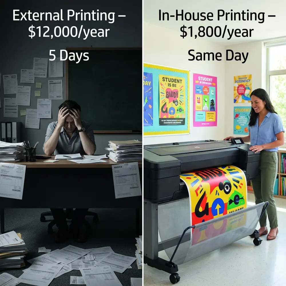 School Poster Makers vs External Printing Cost Comparison Comparison of external printing costs versus in-house school poster maker printing showing long wait times and higher costs compared to same-day printing