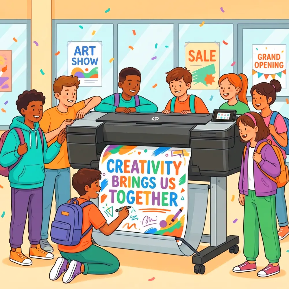 Students gathered around a school poster machine maker printing a creativity brings us together poster