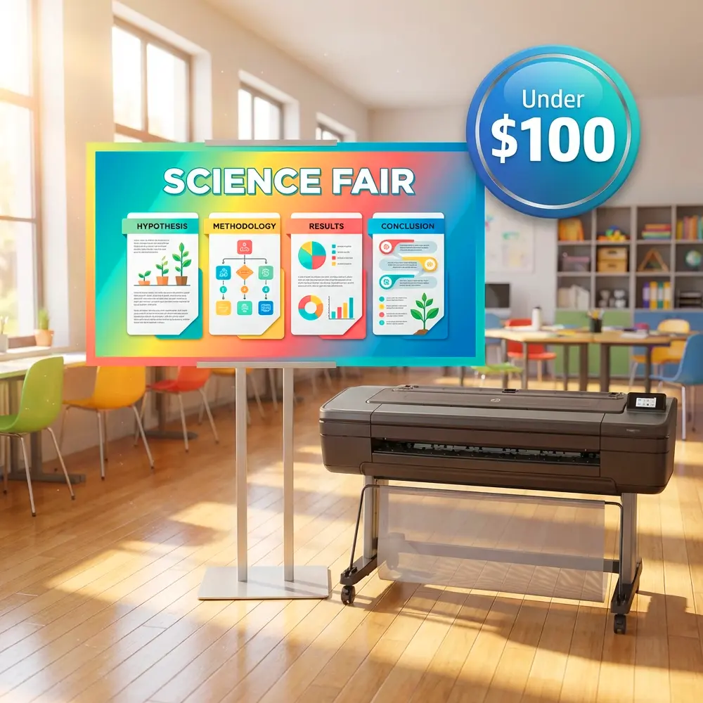 Large format poster making machine beside a vibrant 3 foot science fair display board labeled under 100 dollars in a classroom