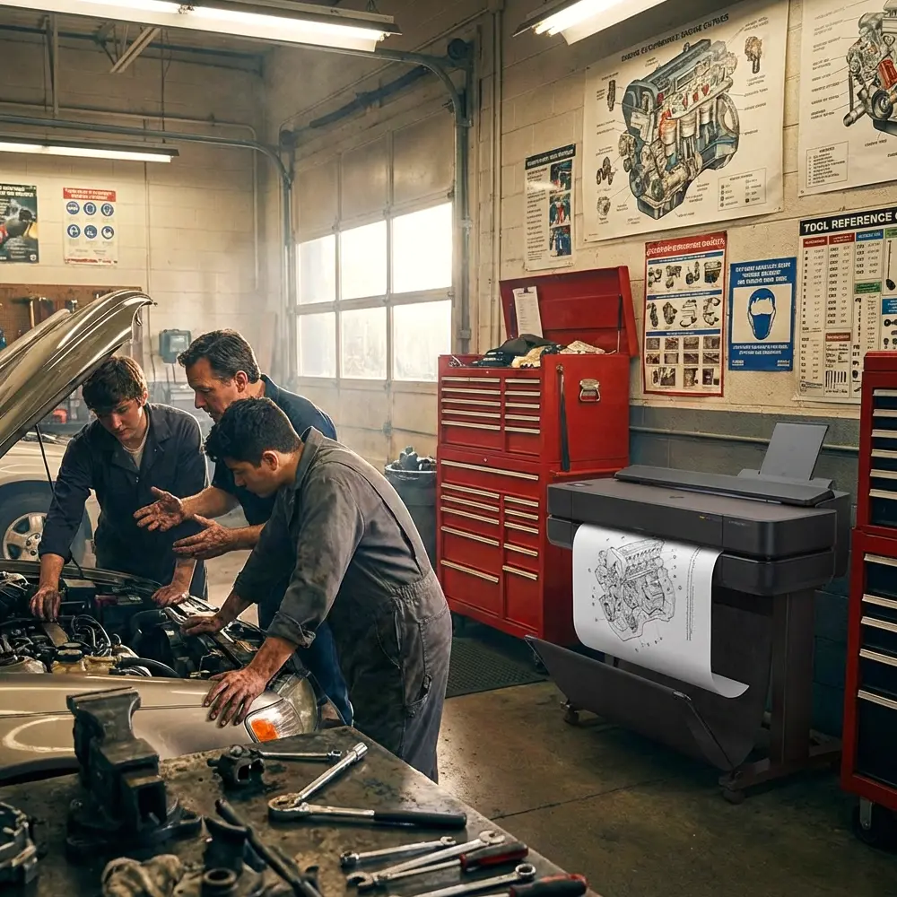 Automotive Training Classroom Using Poster Printer for Engine Diagram Instruction Automotive students and instructor working on a car engine in a training lab with a large format poster printer printing a mechanical diagram in the background