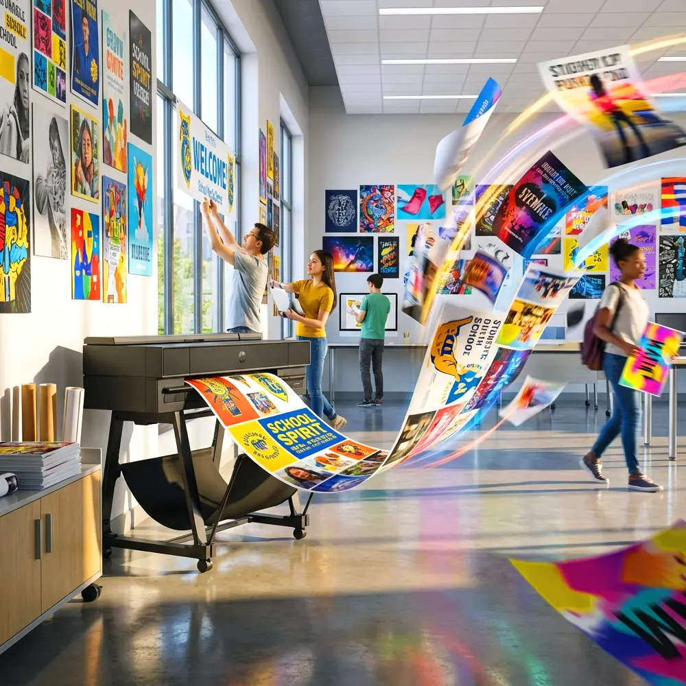 Students using a large format poster maker machine in a school to print and display colorful classroom posters and educational visuals