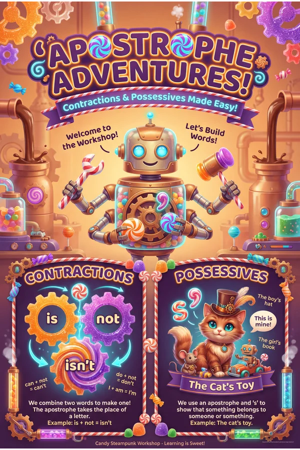 Apostrophes and Contractions Grammar Poster Template for CCSS L.2.2c | Poster Studio Express School Poster Maker We support the next generation of educators and designers.