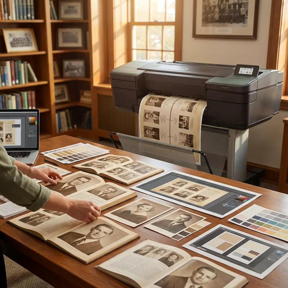 Media center poster printer producing alumni history posters from yearbook archives