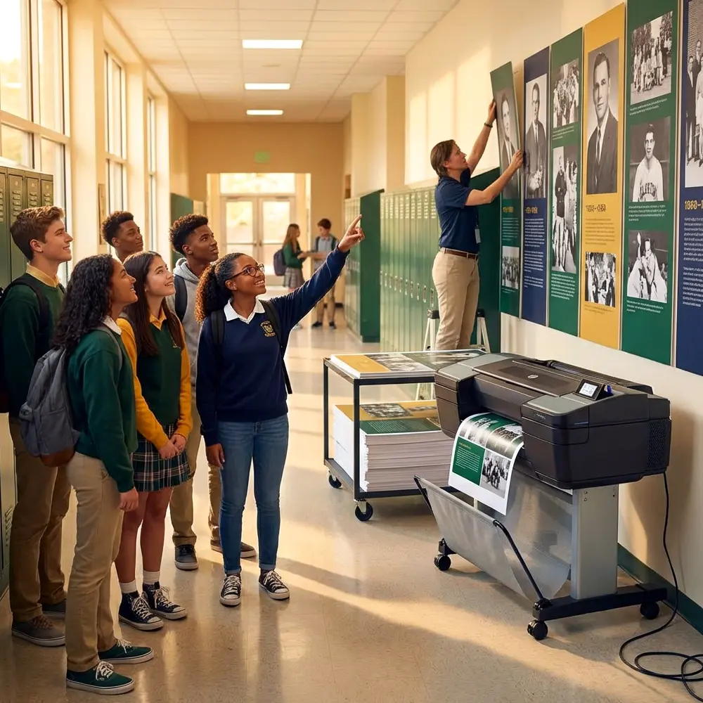 School Poster Printer Creating Alumni Heritage Wall Displays in School Hallway Students and staff installing a school alumni heritage wall while a large format poster printer produces historical display panels in a hallway