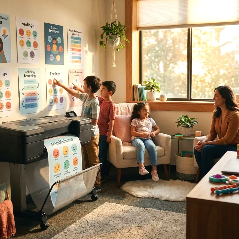 School counselor room with students using social emotional learning posters printed from a school poster printer including mindfulness charts feelings visuals and calming strategies