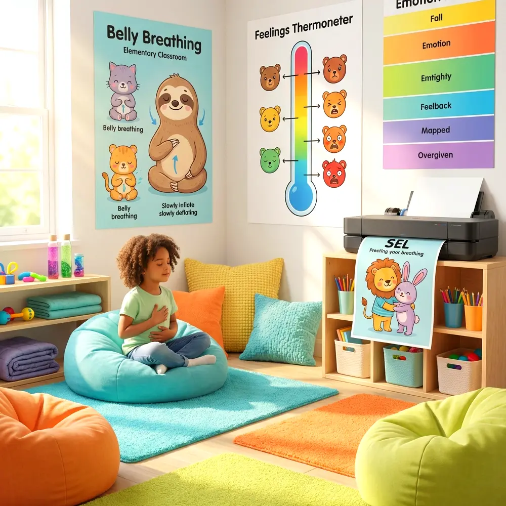 School calm-down corner with SEL breathing exercises and feelings visuals created with poster printing