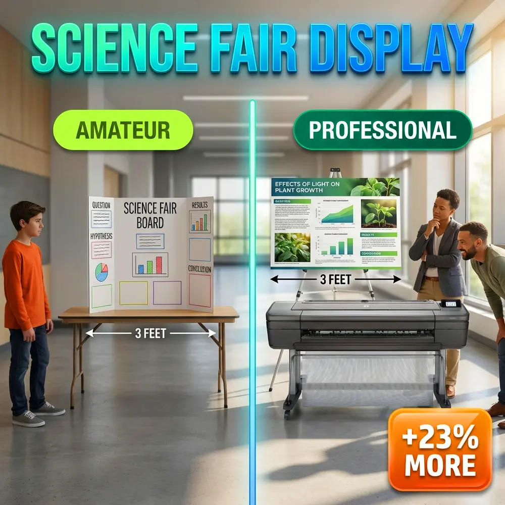 Science fair poster making machine comparison showing professional 3-foot display board vs amateur presentation