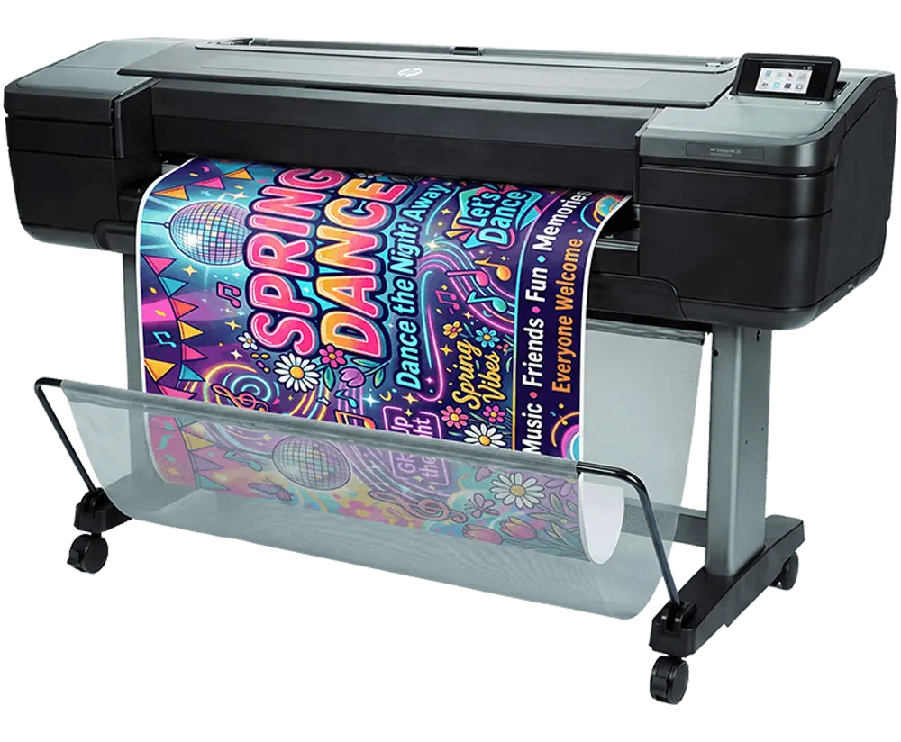 School poster maker printing a colorful spring dance hallway poster