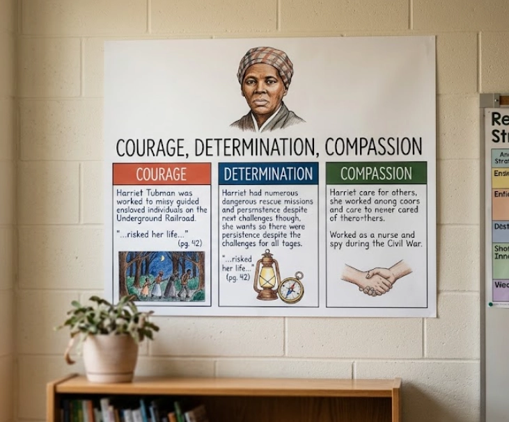 courage_determination_compassion Student biography poster on Harriet Tubman showing three character traits on a grade 4 classroom wall, printed on satin paper
