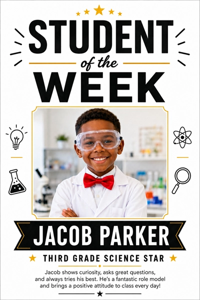 Student of the Week school poster — 24x36 coated paper print sample on Studio Series, most popular paper choice for color-rich classroom posters