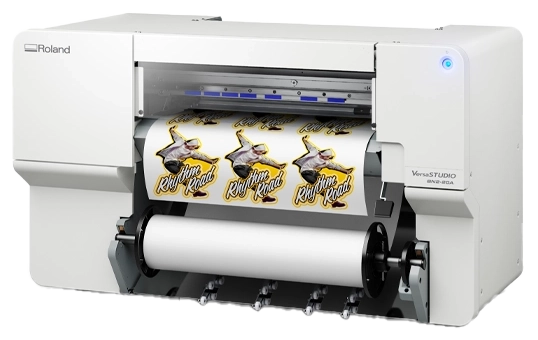 Flex 20 print and cut machine with 8 labeled hotspots — Roll Media Bay, Print & Cut, Connectivity, VersaWorks RIP, Contour Blade, 1440 dpi Color, White Ink, and Eco-Solvent Ink
