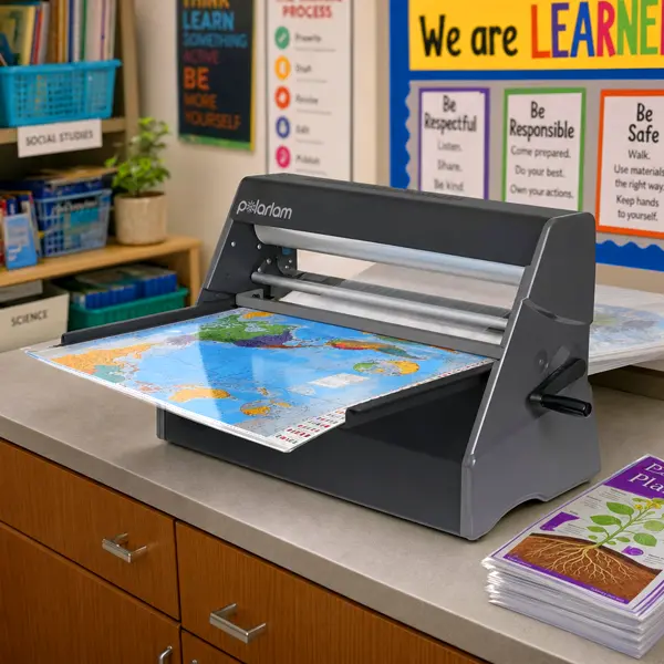 PSE PolarLam 25″ Cold Laminator for Schools PSE PolarLam 25″ Cold Laminator laminating a classroom world map with school posters, learning charts, and laminated teaching materials in the background