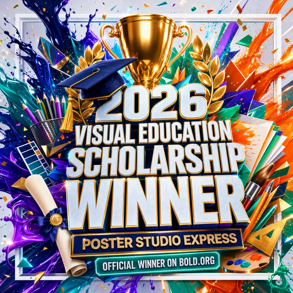2026 Poster Studio Express Visual Education Scholarship Winner 2026 Poster Studio Express Visual Education Scholarship Winner graphic featuring a gold trophy, graduation cap, diploma, art supplies, colorful paint bursts, and bold education-themed design