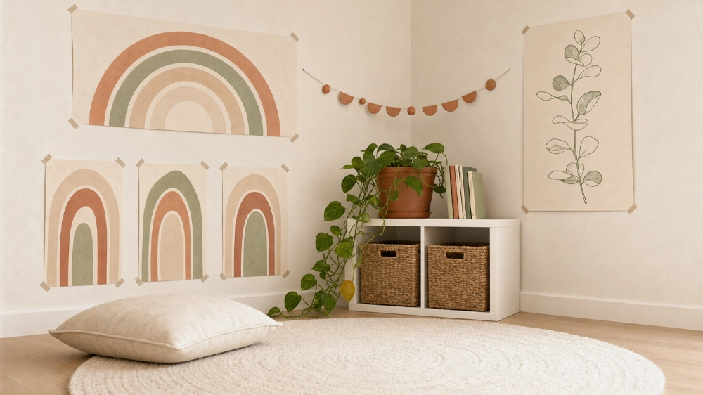 calm neutral classroom decor theme with printed earth-tone posters