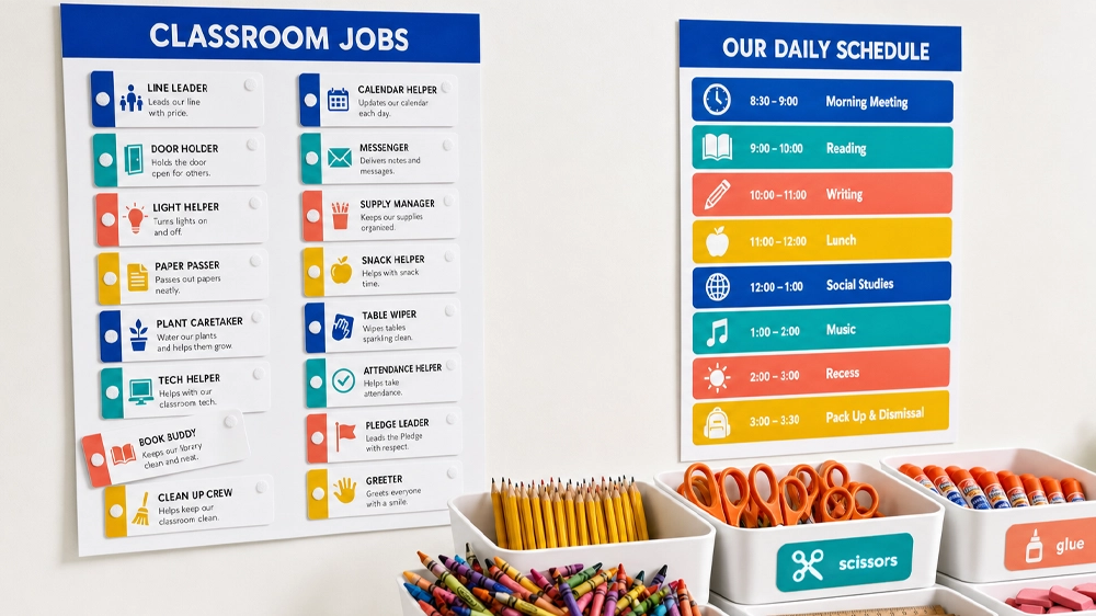 coordinated classroom jobs chart and daily schedule classroom decorations printed in one style