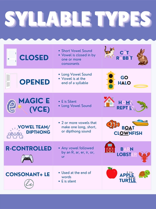 Educational syllable types poster for elementary classrooms explaining closed, open, magic E, vowel team, R-controlled, and consonant-le syllables — winning submission by Sophia Mostrom