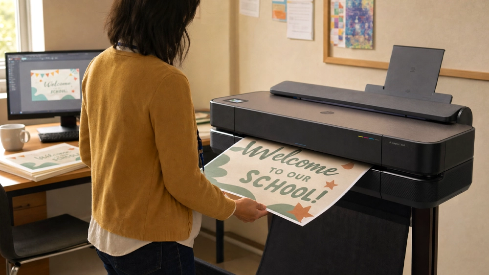teacher printing classroom decoration posters on a school large-format printer