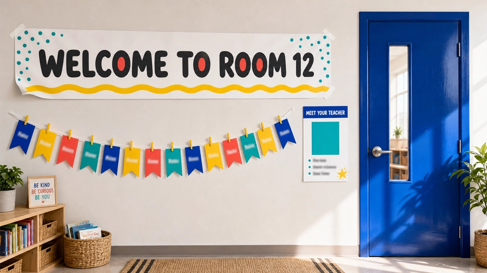 welcome wall classroom decoration idea with printed student name banner