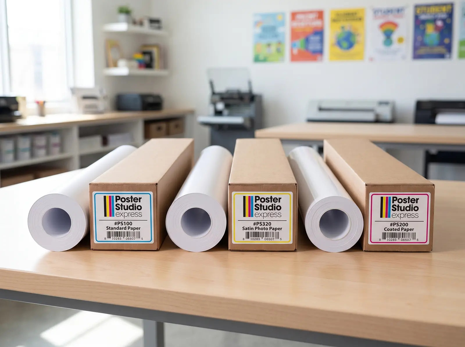 Satin vs Matte vs Glossy Poster Paper — PSE School Buyer Guide Three Poster Studio Express wide-format paper rolls — Standard matte, Satin Photo, and Coated glossy — side by side in a school print room
