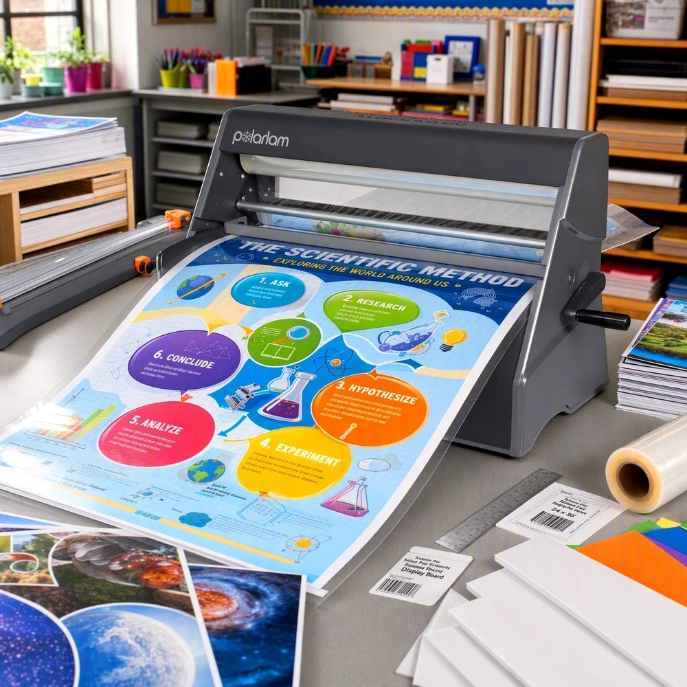 Cold Lamination for Schools – Classroom Poster Laminating Machine Cold laminator for schools applying clear protective film to a colorful scientific method classroom poster in a school workroom