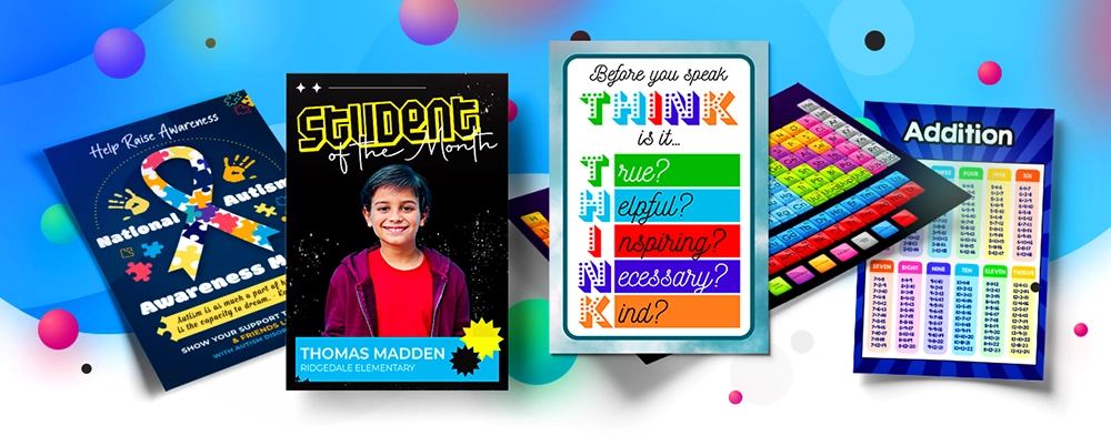 Colorful education poster templates for school poster makers featuring autism awareness, Student of the Month, THINK classroom behavior, math, and addition poster designs