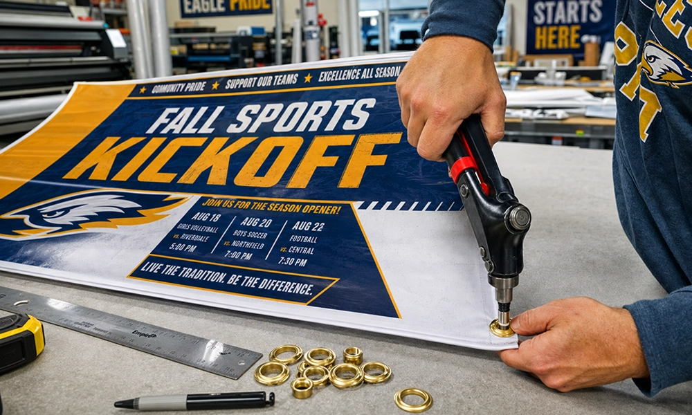 Handheld grommet tool installing a metal grommet into a printed vinyl school sports banner in a school print shop