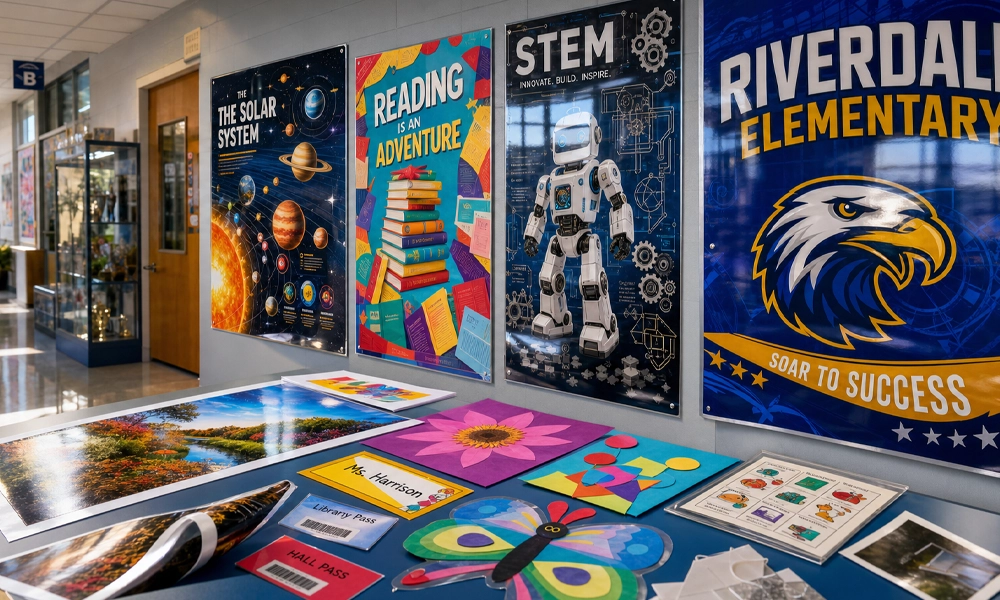 Colorful laminated school posters, hall passes, classroom graphics, photos, and educational materials displayed in an elementary school hallway