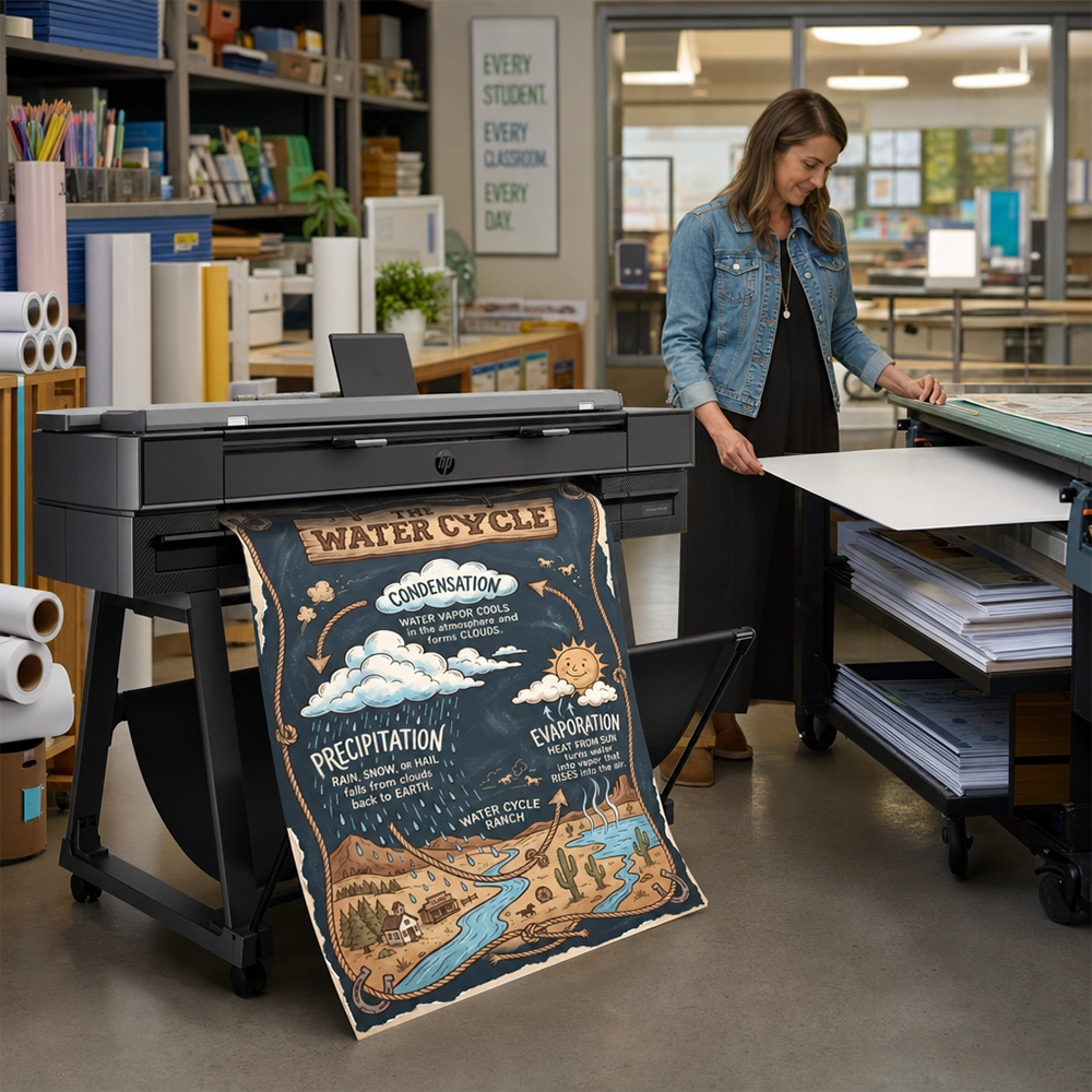 Poster Maker Printing a Classroom Anchor Chart Large-format poster printer producing a water cycle anchor chart designed with StudioCore poster maker software for classroom use