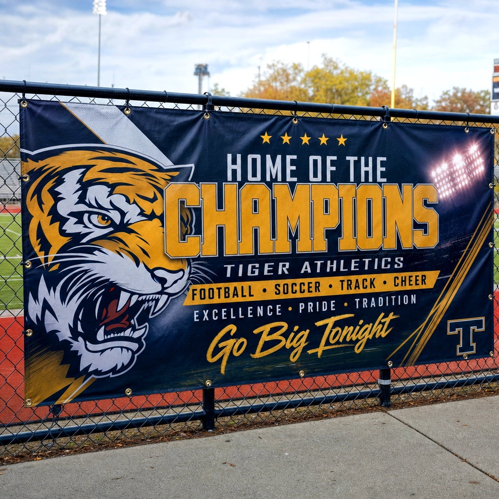 School Sports Banner with Grommets for Outdoor Display Outdoor vinyl school sports banner with metal grommets securely mounted to a stadium chain-link fence