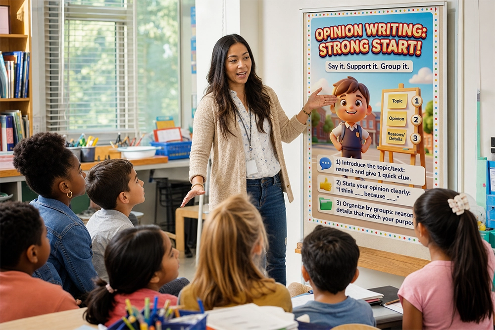 Teacher using a colorful opinion writing anchor chart created with StudioCore poster maker software during an elementary classroom lesson