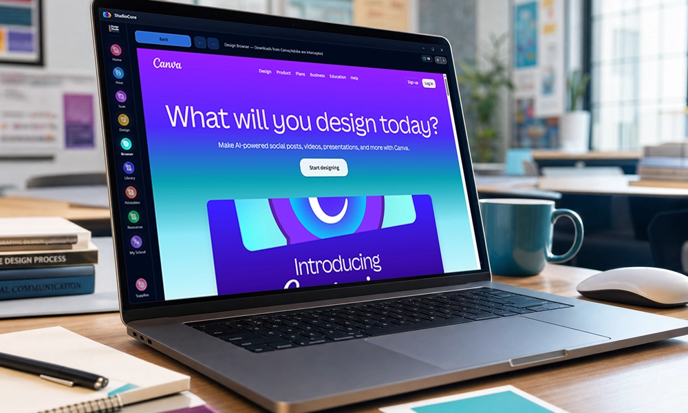 Laptop displaying the Canva integration inside StudioCore software for creating school posters and classroom graphics