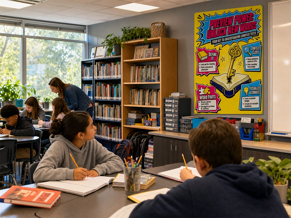 Students learning beside a colorful vocabulary anchor chart created with StudioCore poster maker software and displayed in a classroom