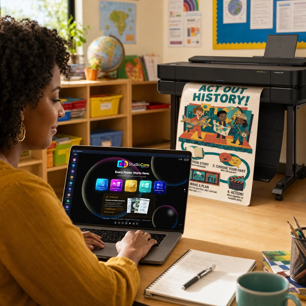 Teacher using StudioCore software on a laptop while a large-format school poster printer produces a colorful classroom poster