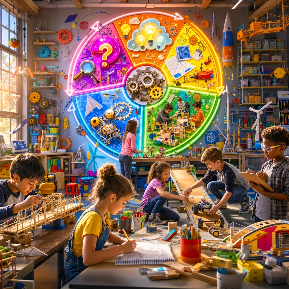 Elementary Engineering Design Process Poster for a STEM Classroom Elementary students build bridges, vehicles, and STEM projects beneath a colorful five-step engineering design process poster in a creative classroom makerspace