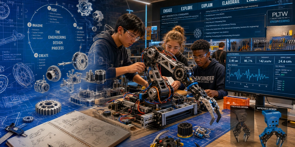 Engineering design process poster displayed in a high school STEM robotics lab while students iterate on a robot build