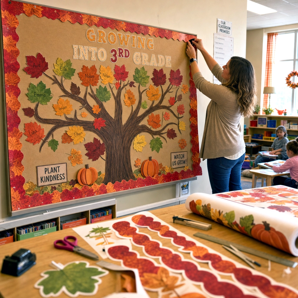 Growing Into 3rd Grade Fall Classroom Bulletin Board Idea Teacher decorating a Growing Into 3rd Grade fall classroom bulletin board with autumn leaves, a large tree, pumpkins, and printed border pieces