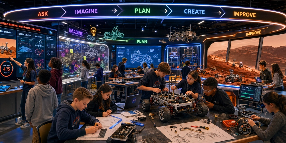 Middle school students following a five-step engineering design process poster while building a Mars rover STEM project