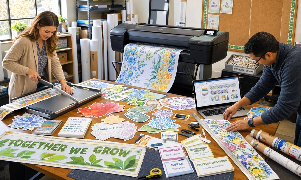 Teachers printing, trimming, and preparing colorful classroom bulletin board decorations with a wide-format school poster maker