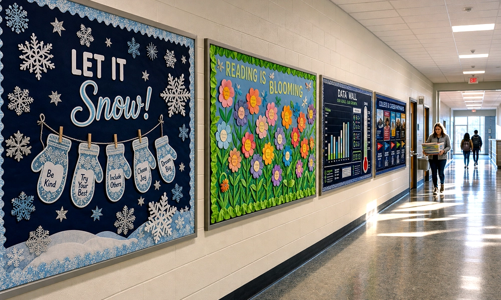 School hallway featuring winter, spring reading, student data, and college and career bulletin board ideas for different grade levels