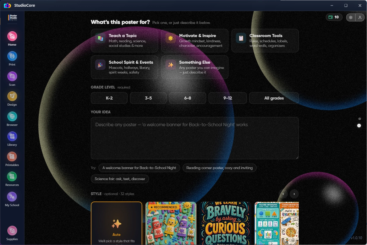 StudioCore AI Poster Generator with poster purpose, grade level, idea, and style options
