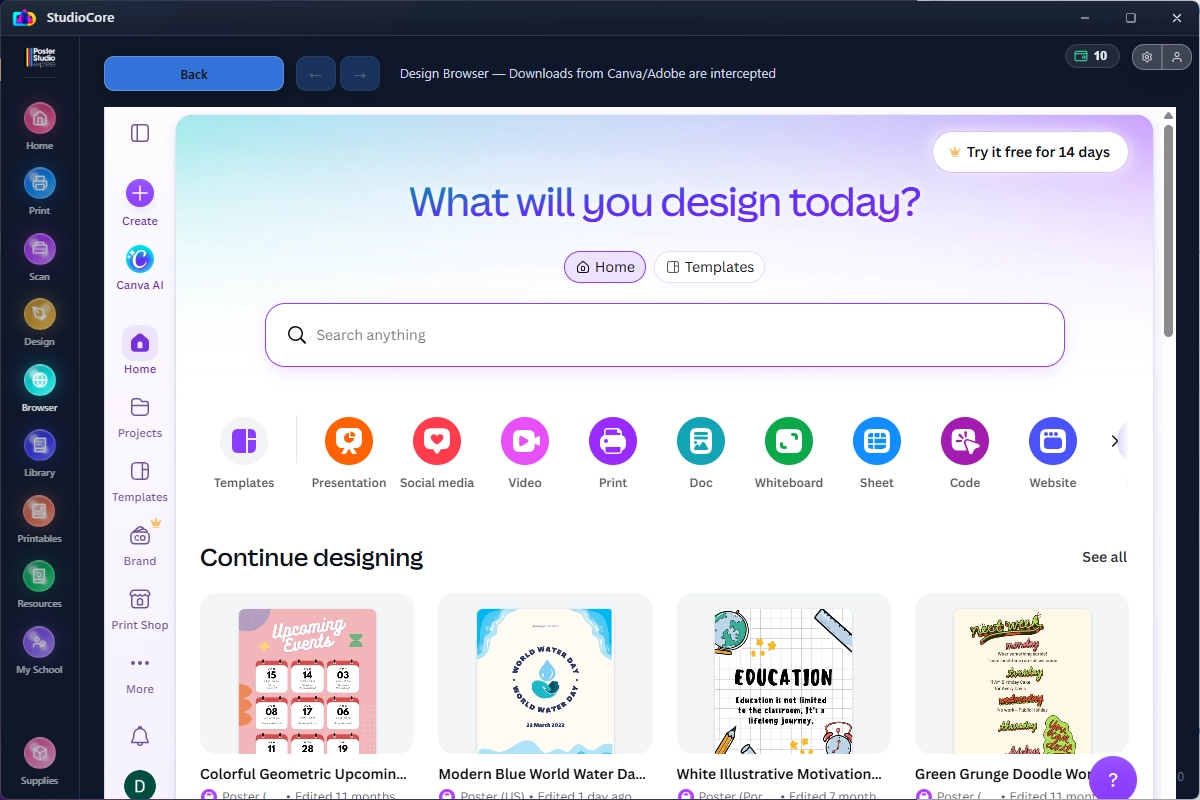 Canva open inside the StudioCore browser, ready to print